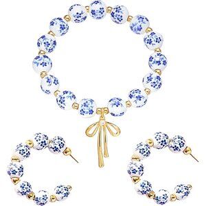 Gold Ceramic Bow Earrings Bracelet Necklace Set Jewelry for Women Vintage Flower